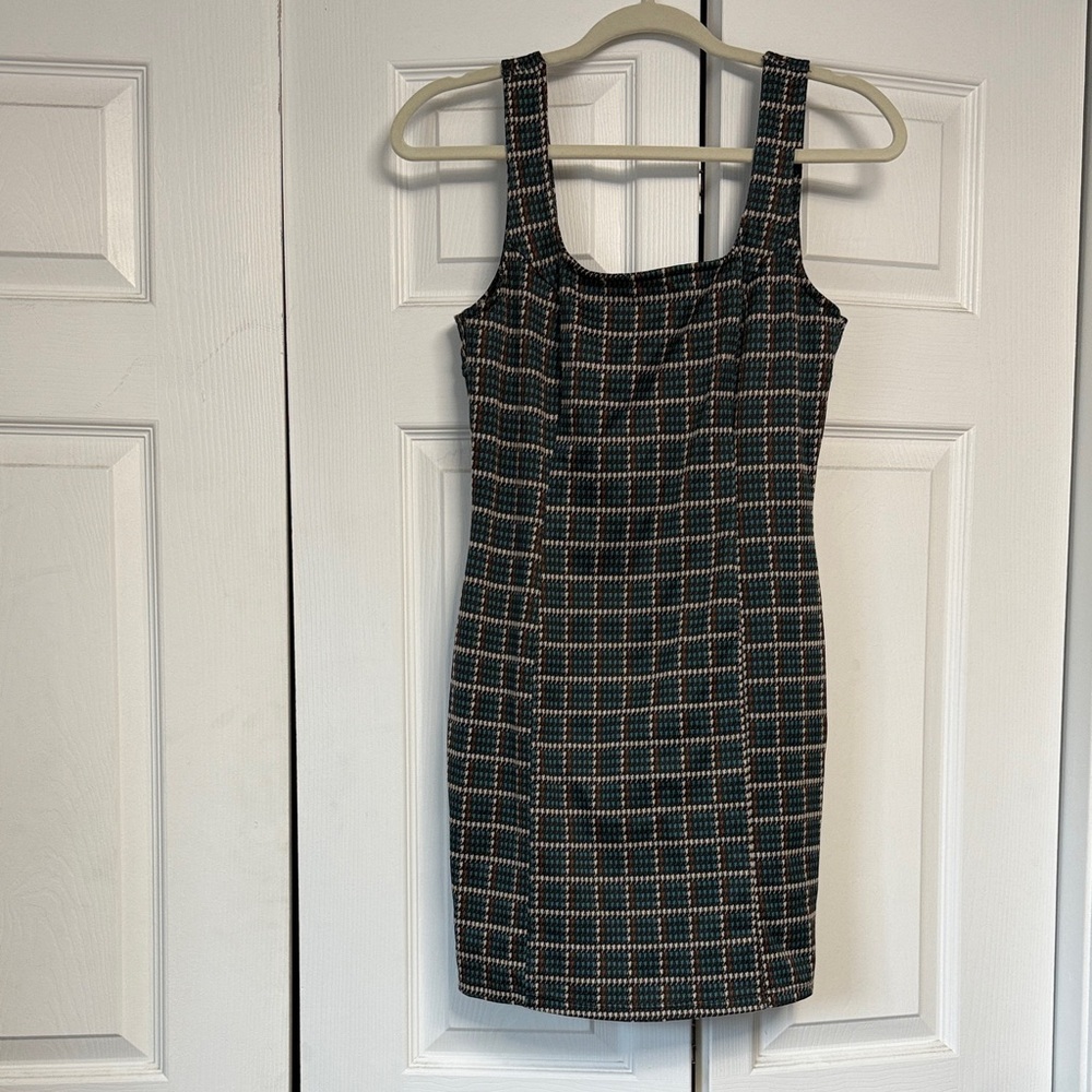 Elegant Black, Blue, Brown and Cream Checkered Dress